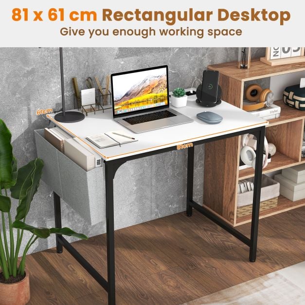 Home Office Desk with Charging Station and Storage Bag-White