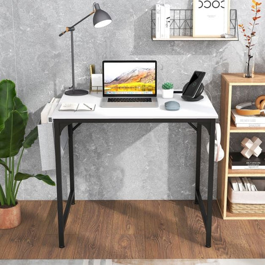 Home Office Desk with Charging Station and Storage Bag-White