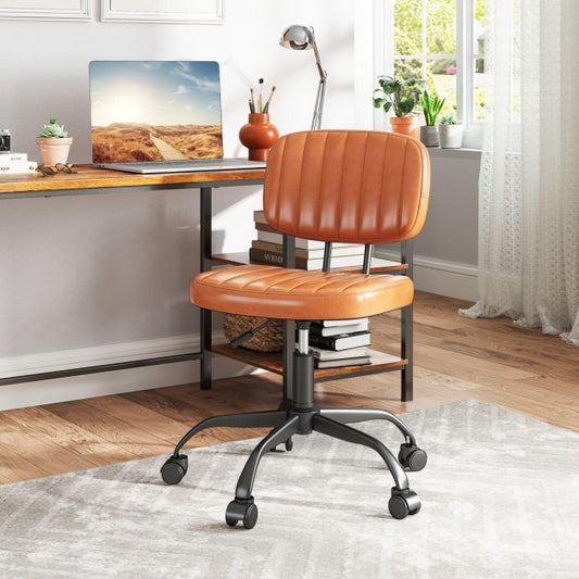 Home Office Small Armless Desk Chair with Wheels and Lumbar Support-Brown
