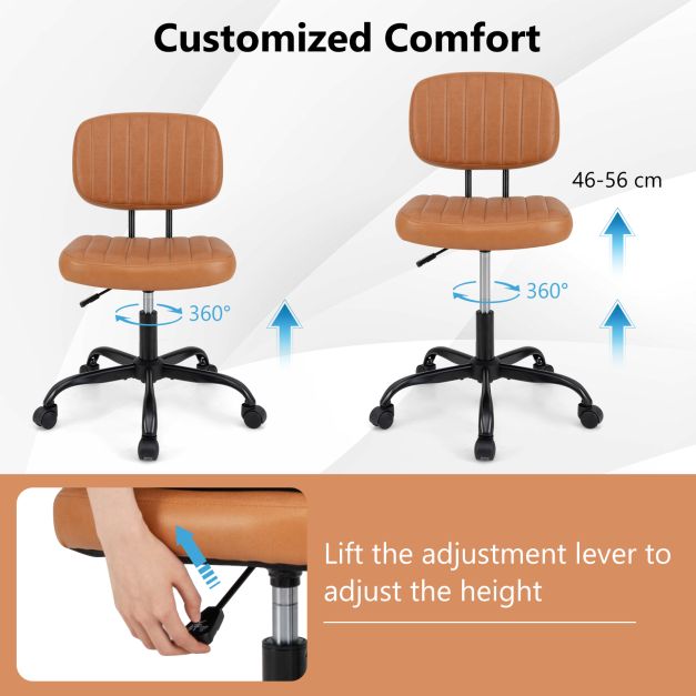 Home Office Small Armless Desk Chair with Wheels and Lumbar Support-Brown