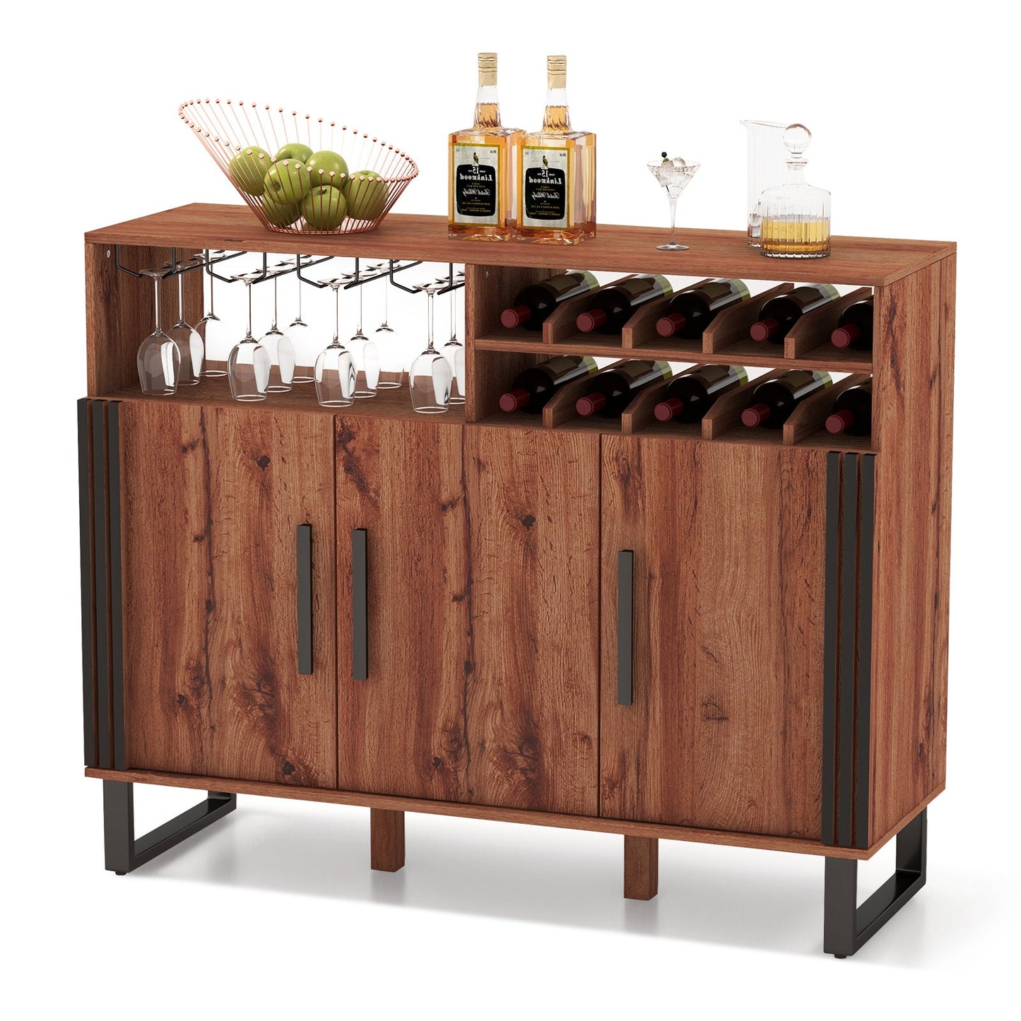 Home Wine Bar Cabinet with 3 Door and 4-Row Glass-Rustic Brown
