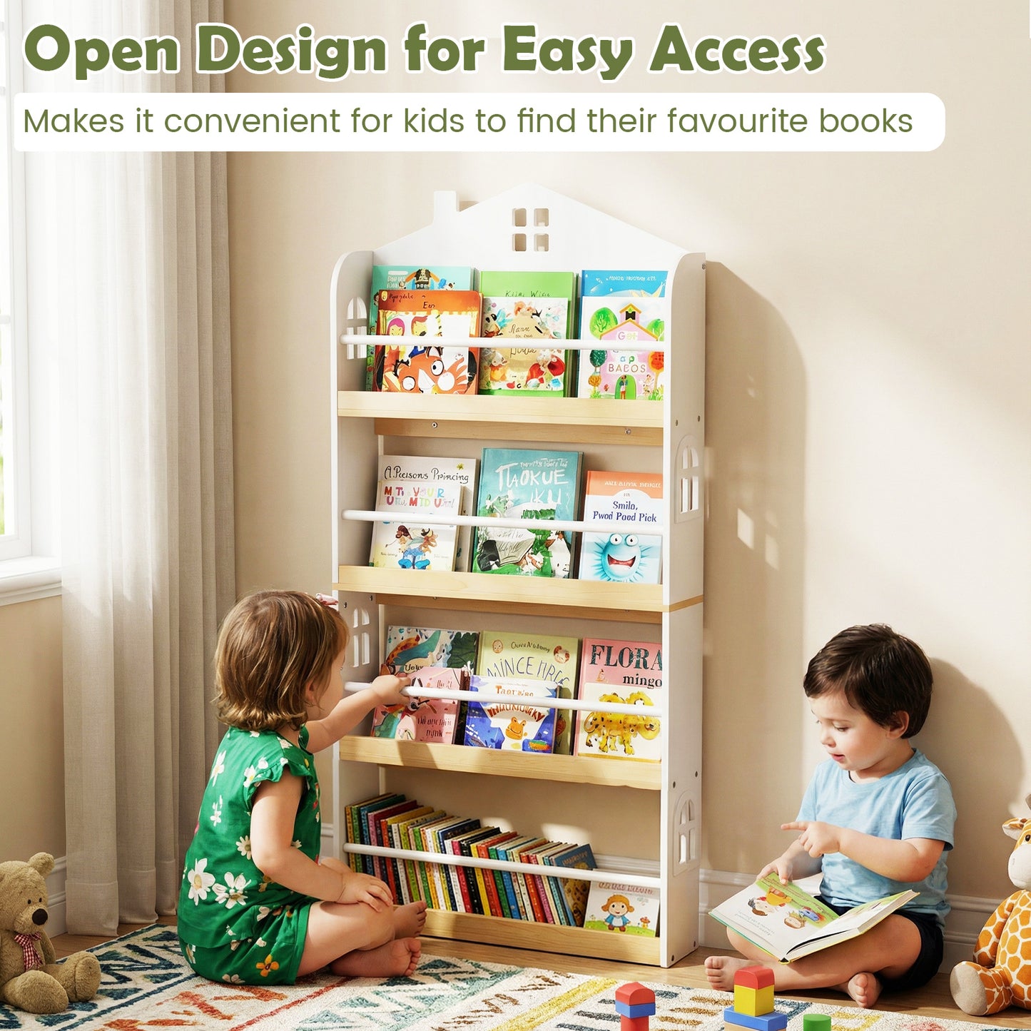 House-Shaped Kids Bookshelf 4-Tier Wooden Book Display Rack with Anti-falling Baffles-White