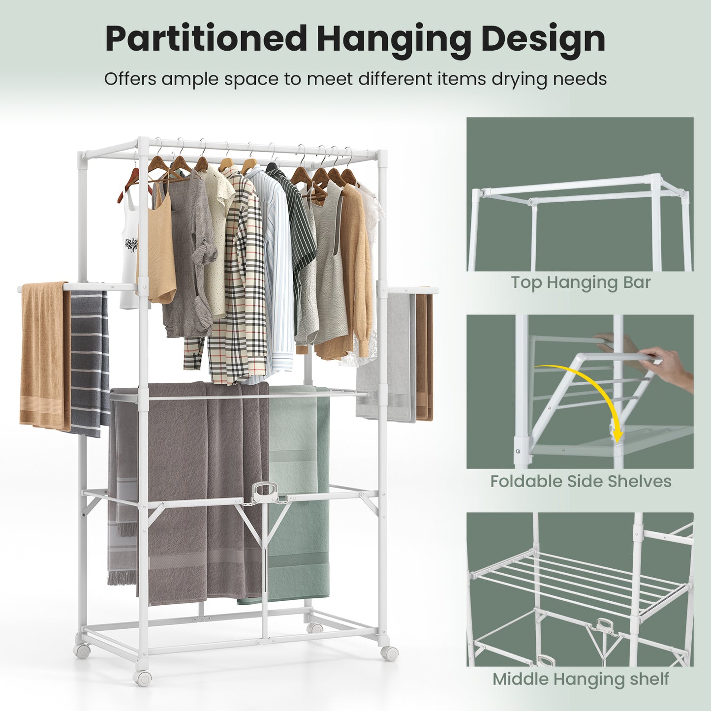 H-shaped Clothes Drying Rack Collapsible with Detachable Middle Shelf-White
