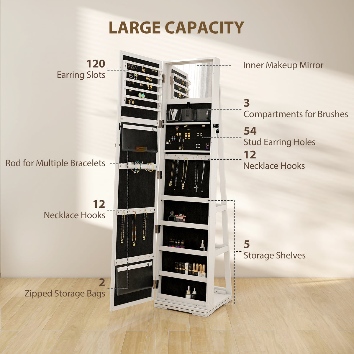HOMCOM 360° Swivel Jewellery Cabinet, Free Standing Full Length Mirror with Storage, Lockable Jewellery Organiser with Built-in Makeup Mirror and Storage Shelves for Bedroom, White