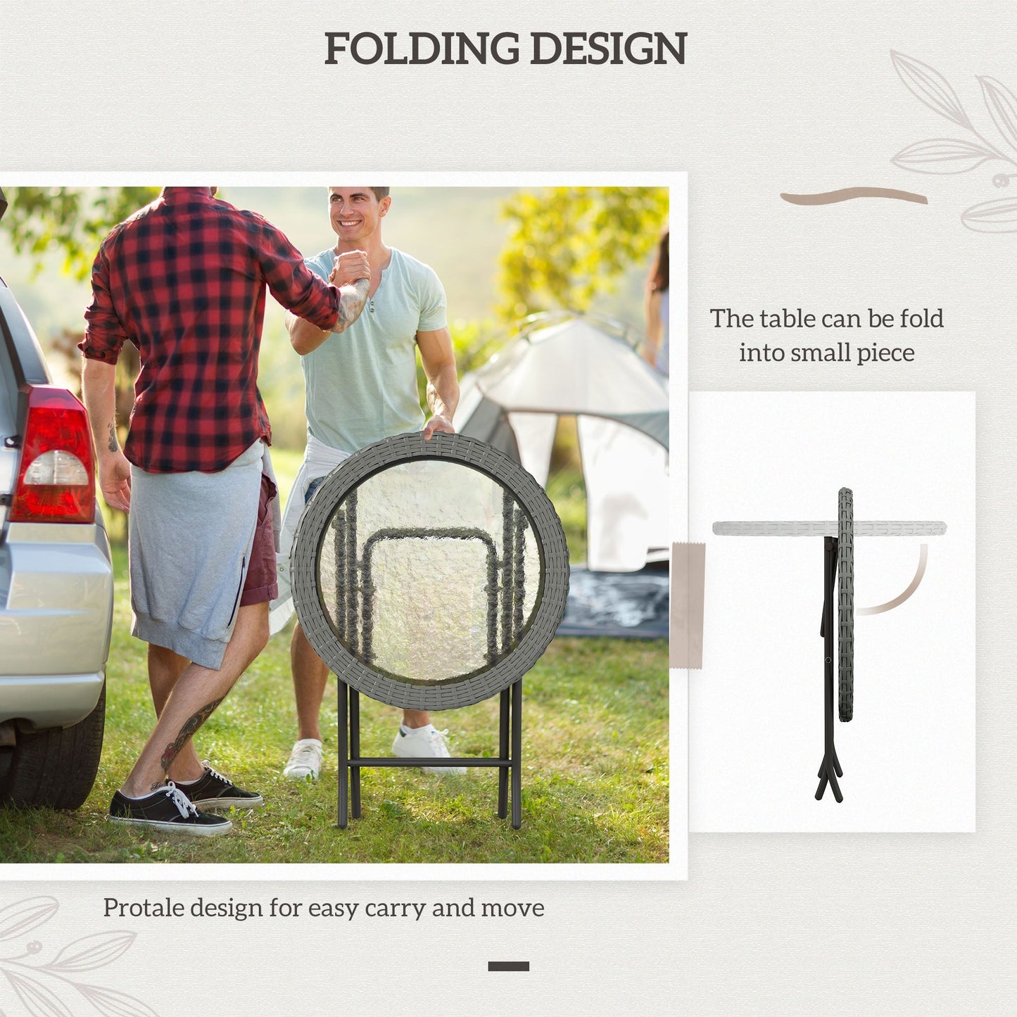 Outsunny Folding Rattan Garden Dining Table, 68 cm Round Rattan Garden Table with Water Ripple Tempered Glass Top, Wicker Edging and Steel Frame for Outdoor, Patio, Grey