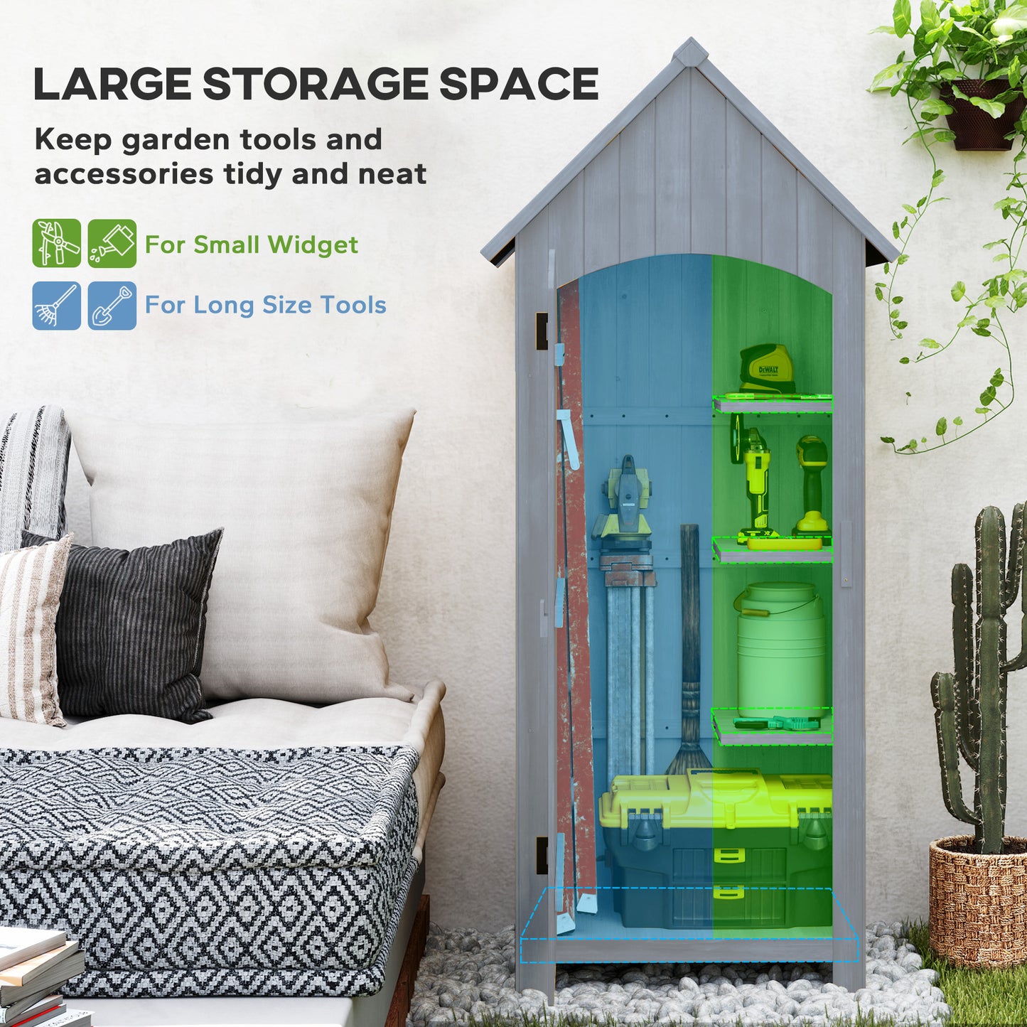 Outsunny Wooden Garden Storage Shed with 3 Shelves, Outdoor Tool Storage Cabinet with Tilt Roof and Lockable Door, 77.5 x 54.2 x 179.5 cm, Grey