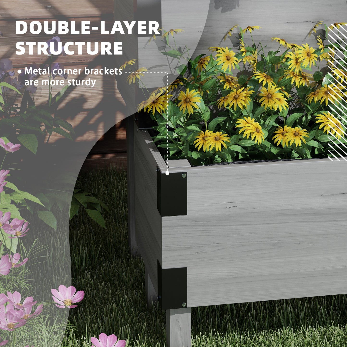 Outsunny Raised Garden Bed with Trellis, 2-Tier Wooden Elevated Planter Box for Vegetables, Flowers, Herbs, Grey