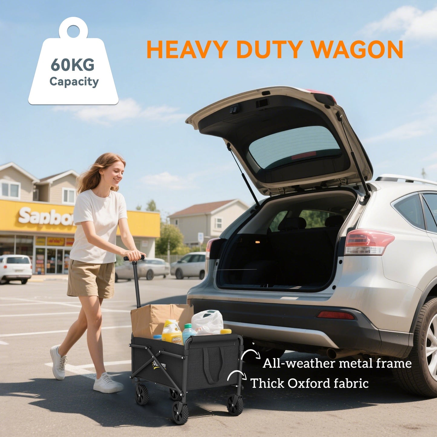 Outsunny 41L Festival Trolley on Wheels, Small Garden Folding Trolley Cart, 60kg Heavy Duty Collapsible Folding Wagon with Adjustable Handle and Carrying Bag for Beach, Camping, Festival, Black