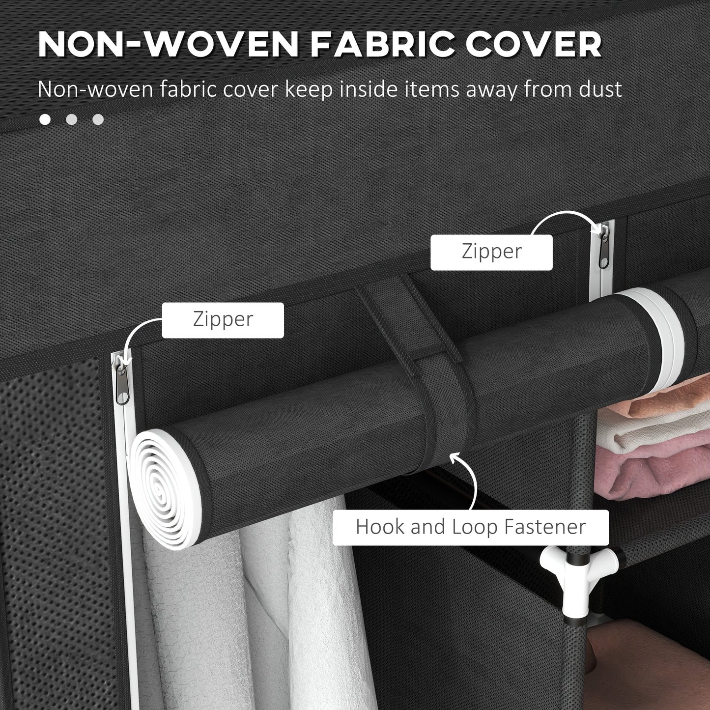 HOMCOM Foldable Fabric Wardrobe for Bedroom, Portable Wardrobe with 5 Shelves, 2 Hanging Rails and 3 Fabric Drawers, Black