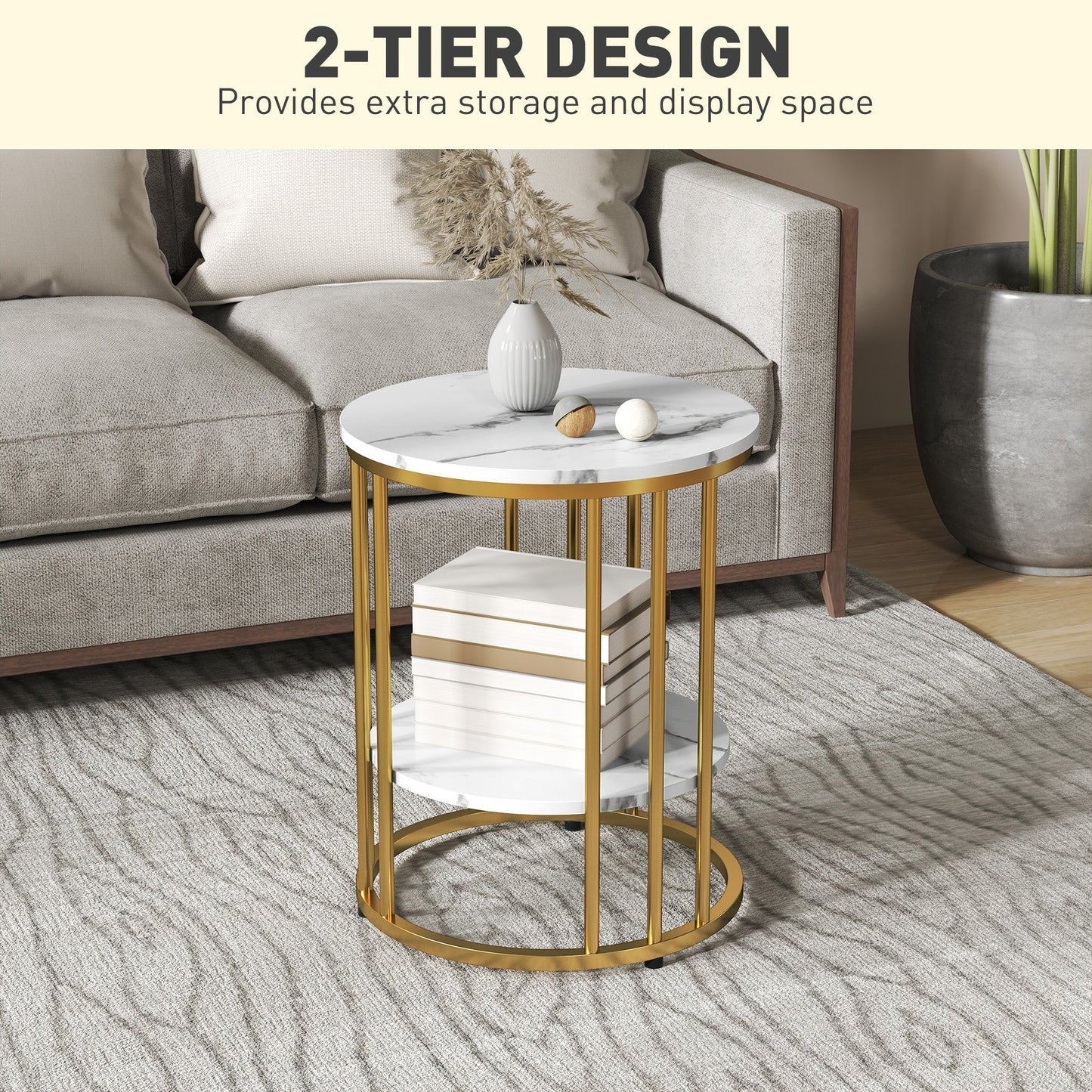 HOMCOM Set of Two Marble-Effect Coffee Tables - White/Gold-Tone