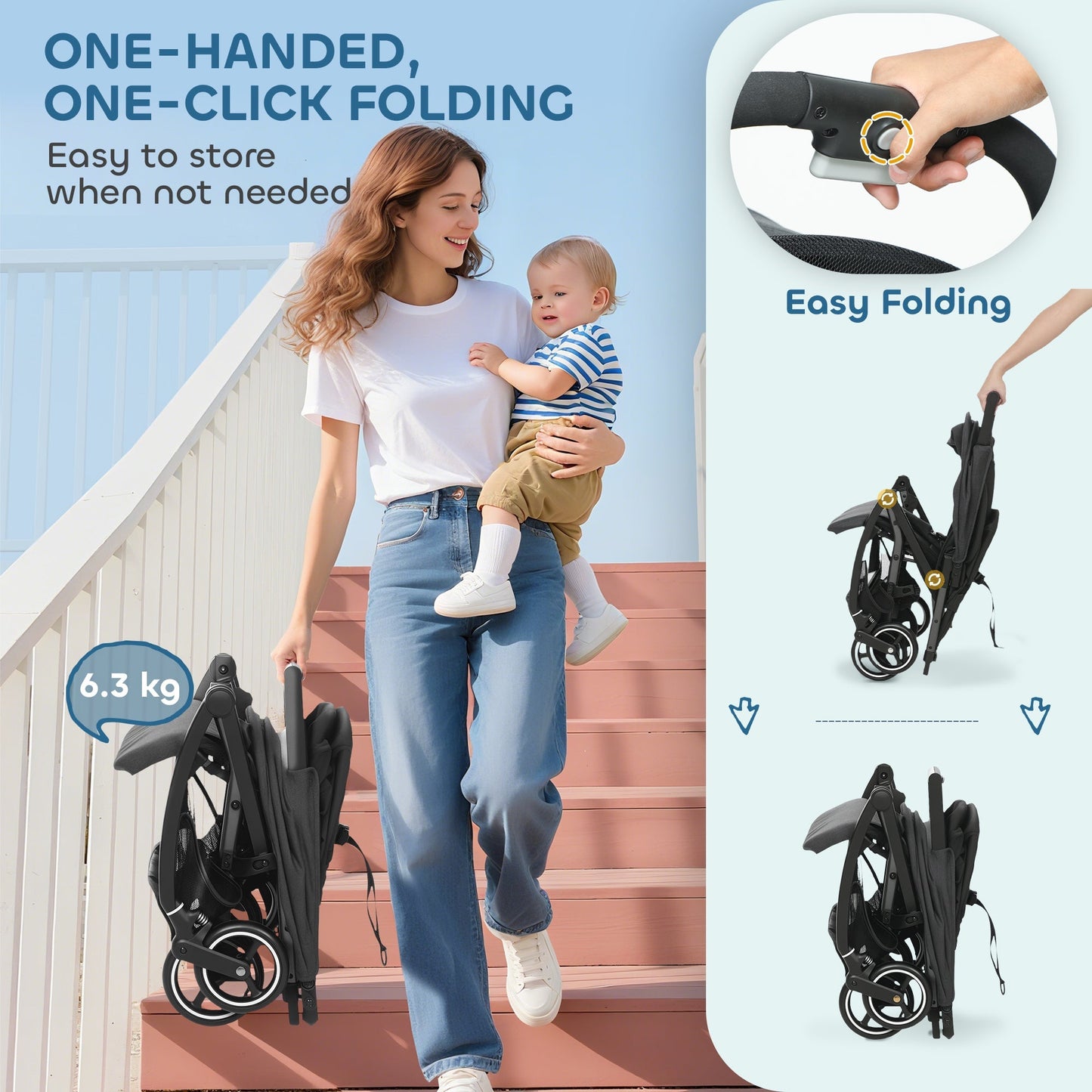 AIYAPLAY Travel Stroller, Lightweight Pushchair, Compact Buggy with Canopy, Basket and Multi-Position Recline, Dark Grey