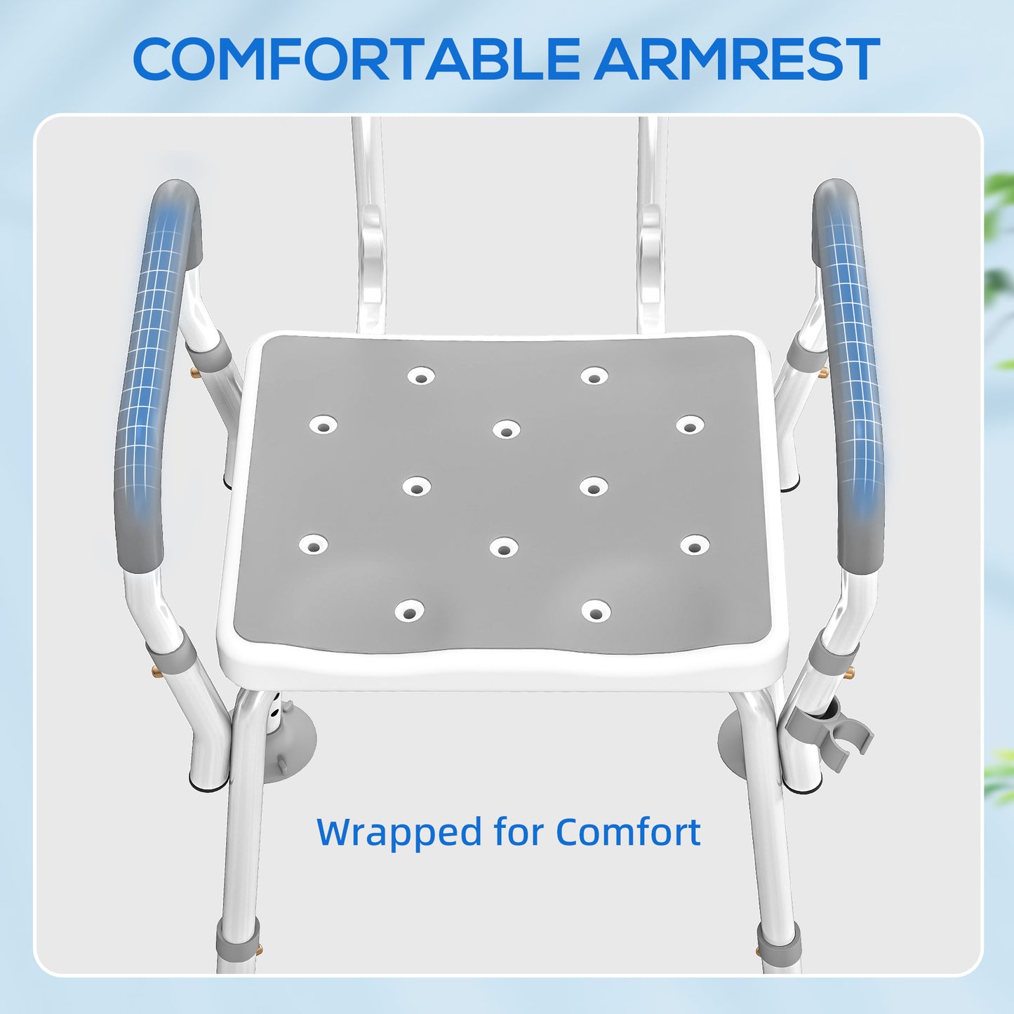 HOMCOM EVA Padded Shower Chair for the Elderly and Disabled, Height Adjustable Shower Stool with Back and Arms, 4 Suction Foot Pads, Light Grey