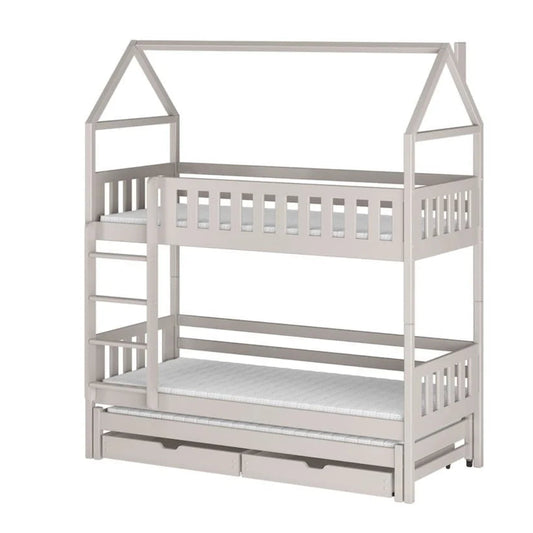 White children's bunk bed with house-shaped top on a white background