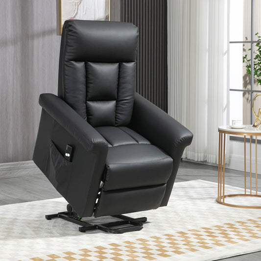 HOMCOM Power Lift Chair Armchair for the Elderly, PU Leather Recliner Chair with Extended Footrest, Remote Control and Side Pocket, Black