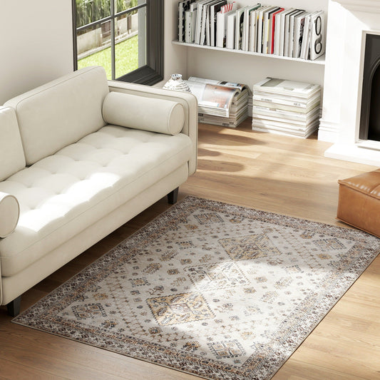 HOMCOM Vintage Area Rug, Non-Slip Washable Rug, Flannel Floor Carpet for Living Room, Bedroom, Dining Room, Home Office, 170 x 120 cm, Beige