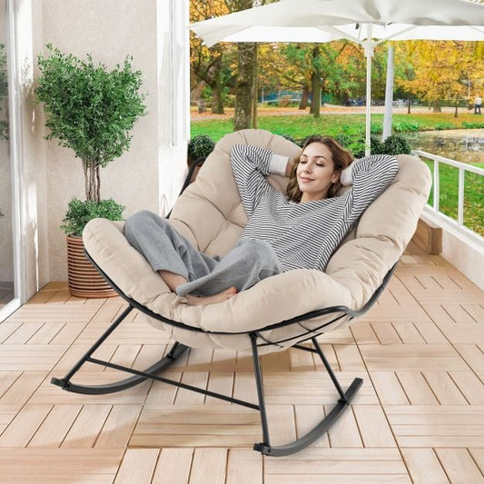 Oversized Papasan Patio Rocking Chair with Padded Cushion and Metal Frame-Beige