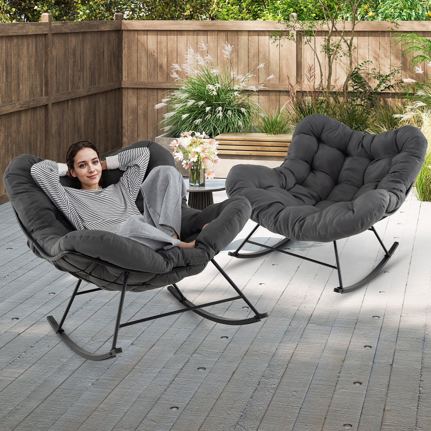 Indoor Outdoor Rocking Chair Oversized Egg Papasan Chair-Grey