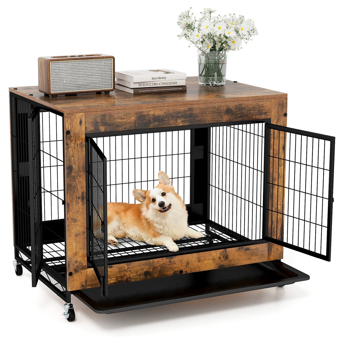 Industrial Dog Kennel with Flip-up Top and 3 Lockable Doors-Rustic Brown