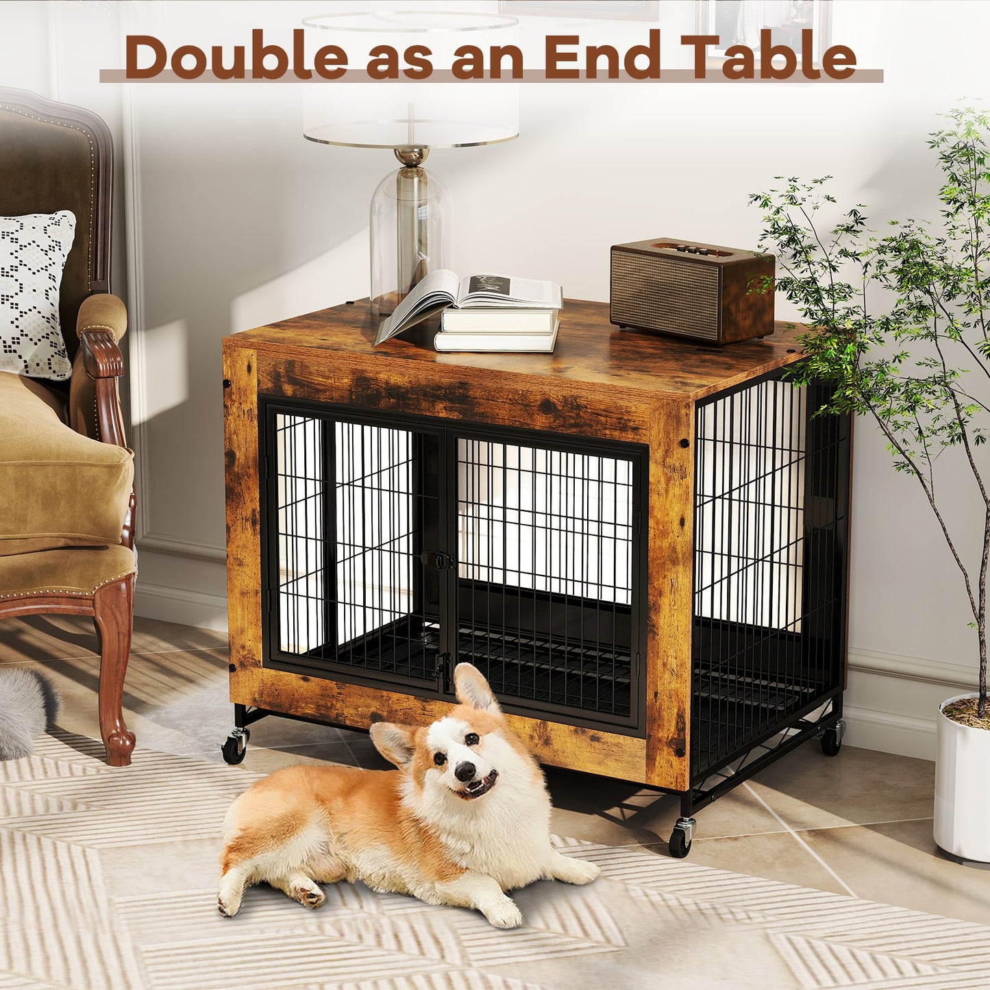 Industrial Dog Kennel with Flip-up Top and 3 Lockable Doors-Rustic Brown