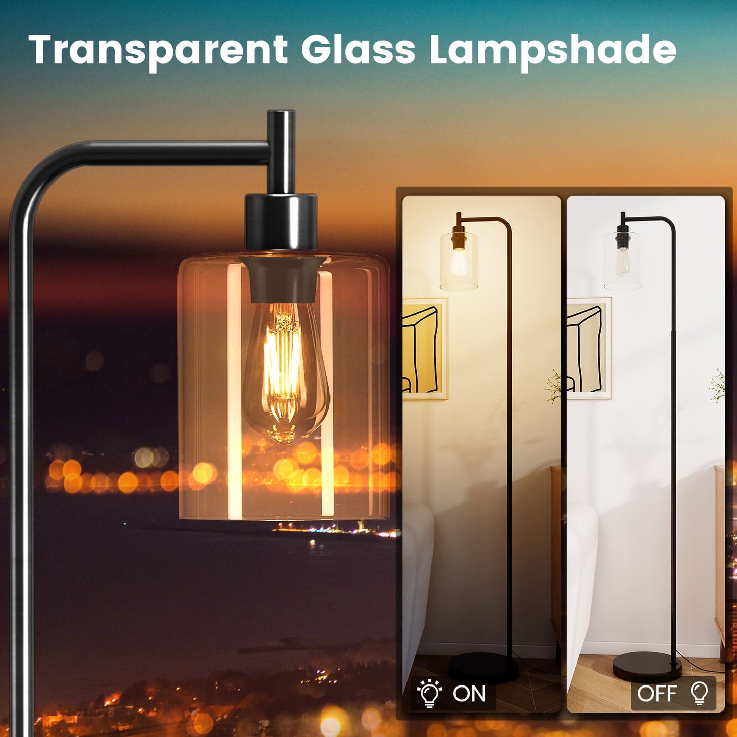 Industrial Floor Lamp with Hanging Glass Lampshade and Foot Switch-Black