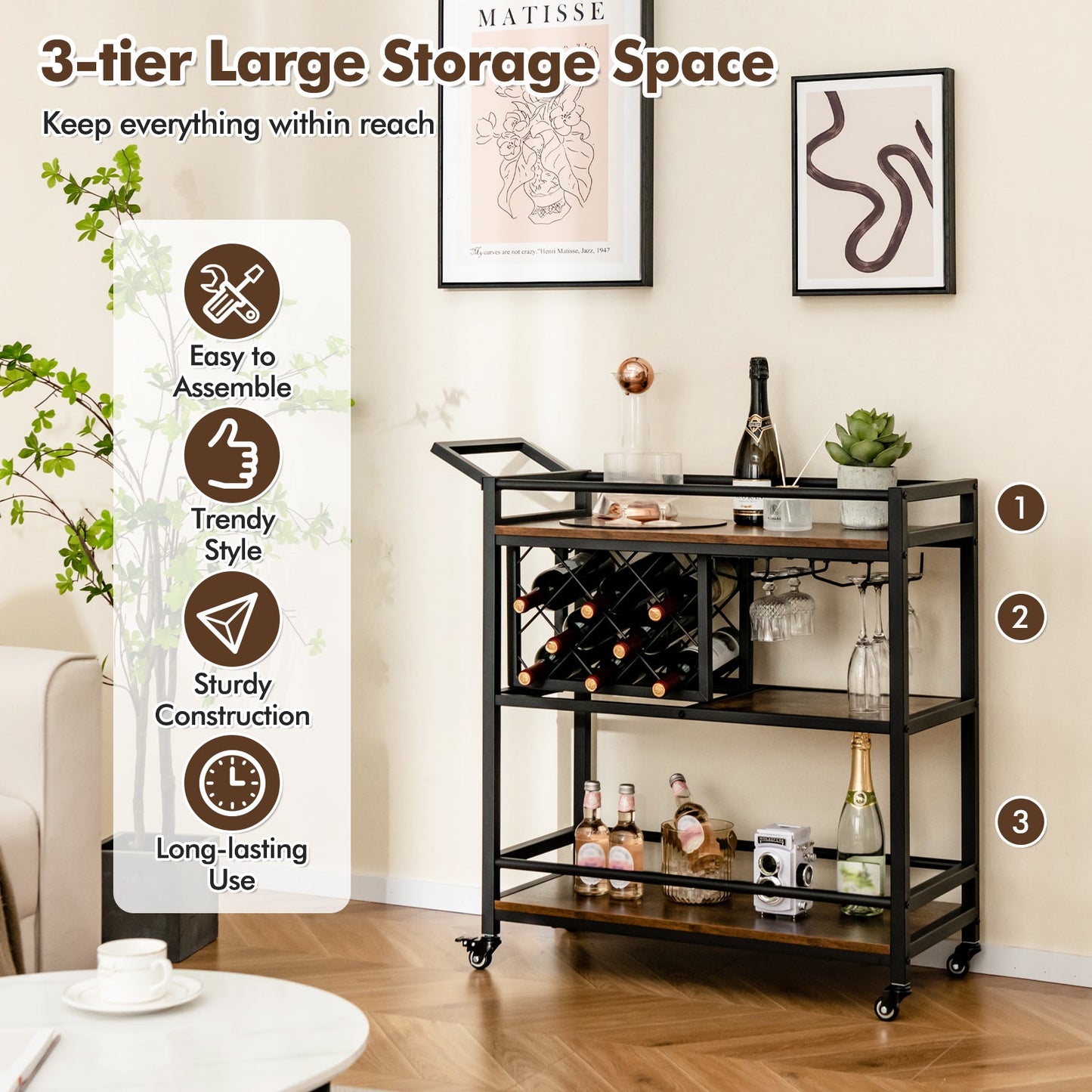 3-Tier Bar Cart Serving Cart w/Wine Racks and Glass Holders-Rustic Brown