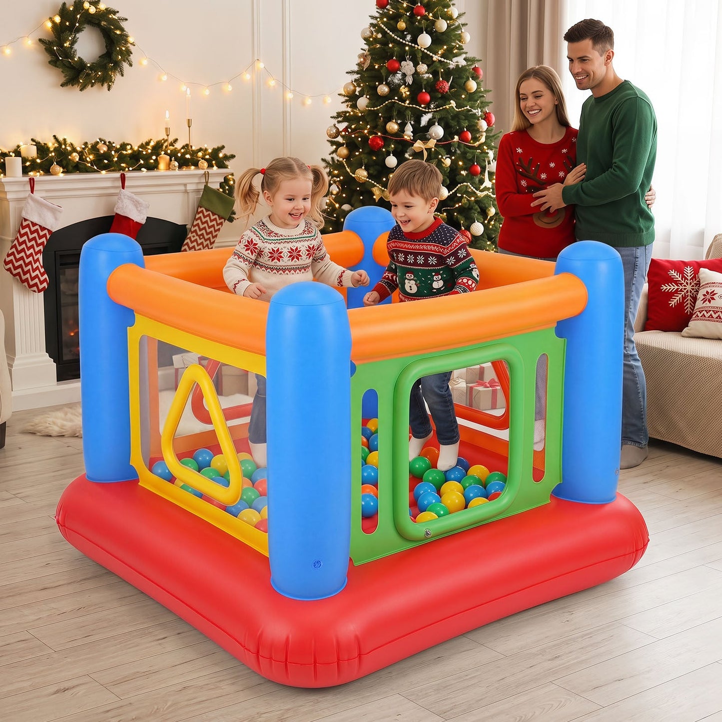 Inflatable Bounce House for Kids with Transparent Side Walls and Square/Triangle Openings-Blue