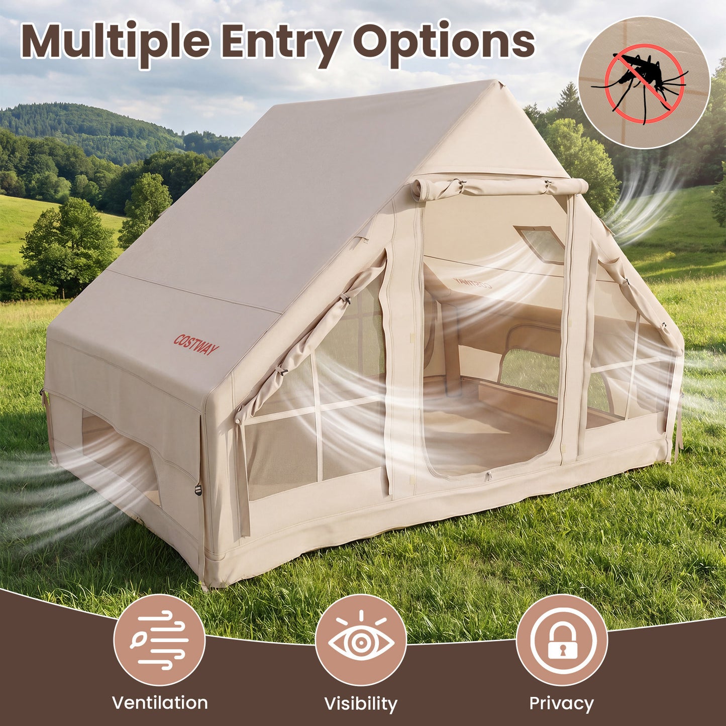 Inflatable Camping Tent with Stove Jack 4 Season Blow Up Tent with Pump-Beige