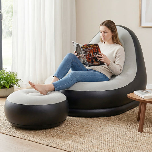 Inflatable Lounge Sofa with Ottoman and Flocked Surface-Grey