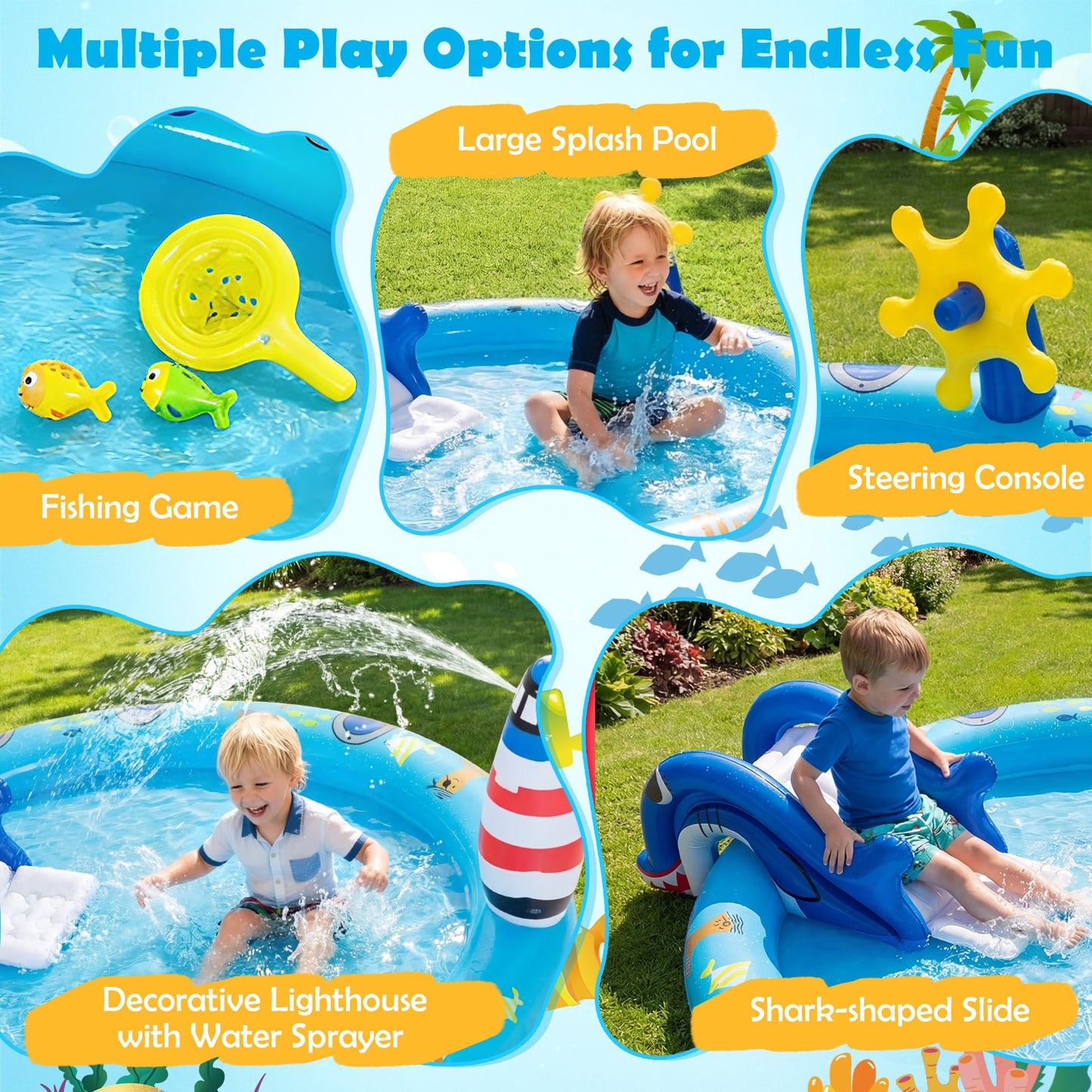 Inflatable Play Center with Shark Slide & Lighthouse Sprinkle for Kids