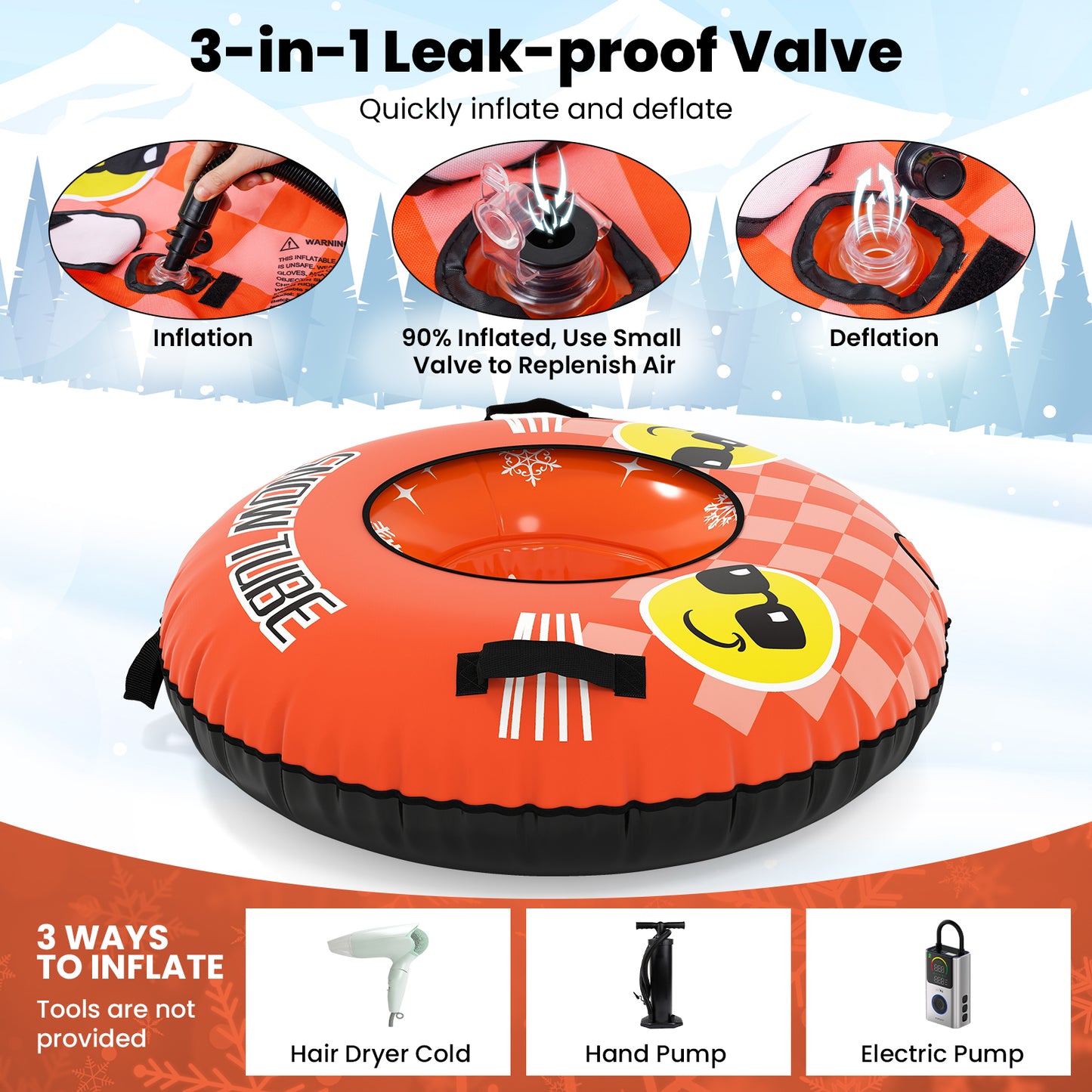 Inflatable Snow Tube Heavy-duty Snow Sledding Tube with Detachable Tow Strap-Orange