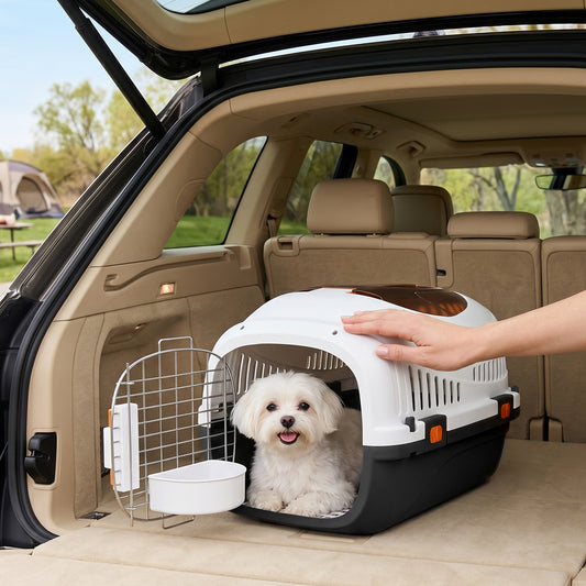 PawHut Plastic Pet Carrier Hard Shell Dog Cat Carrier Max 4 KG Steel Door Feed Bowl Secure Lock 49 x 32 x 31 cm
