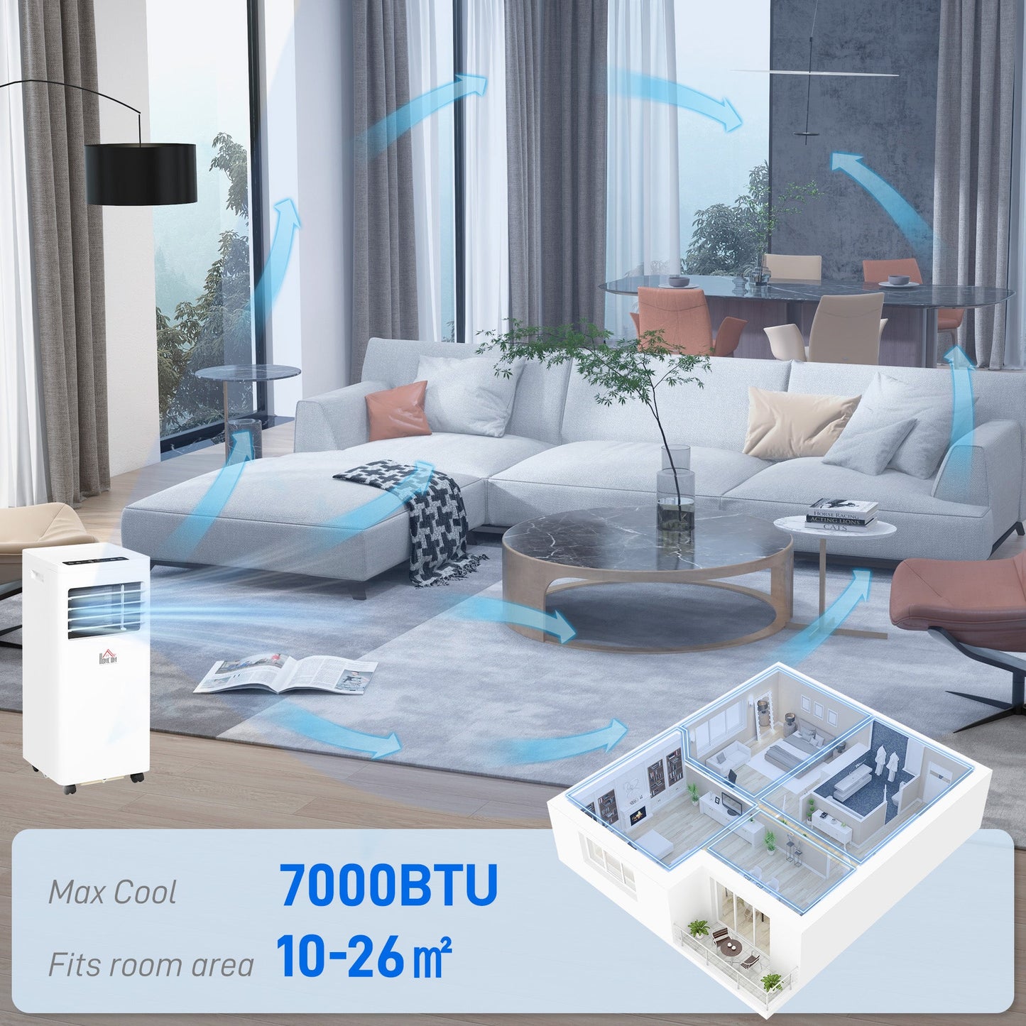 HOMCOM 7000 BTU Air Conditioning Unit, 3-in-1 Portable Air Conditioner, Dehumidifier, Cooling Fan with 2 Speeds, 24H Timer, Remote Control, Digital Display, Window Venting Kit, 26m²