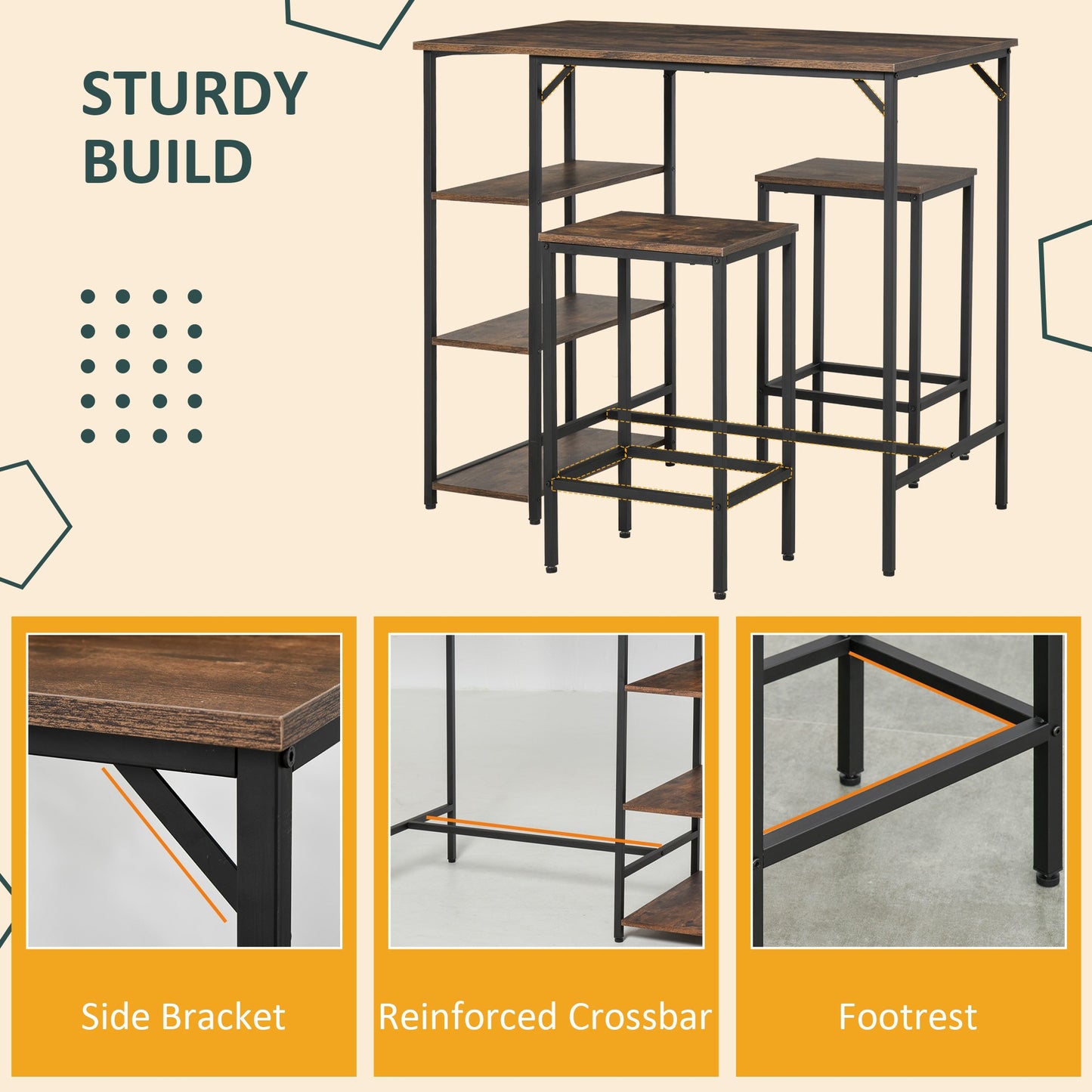 HOMCOM Industrial Bar Height Dining Table Set With 2 Stools & Side Shelf, 3 Pieces Coffee Table for Dining Room, Kitchen, Dinette