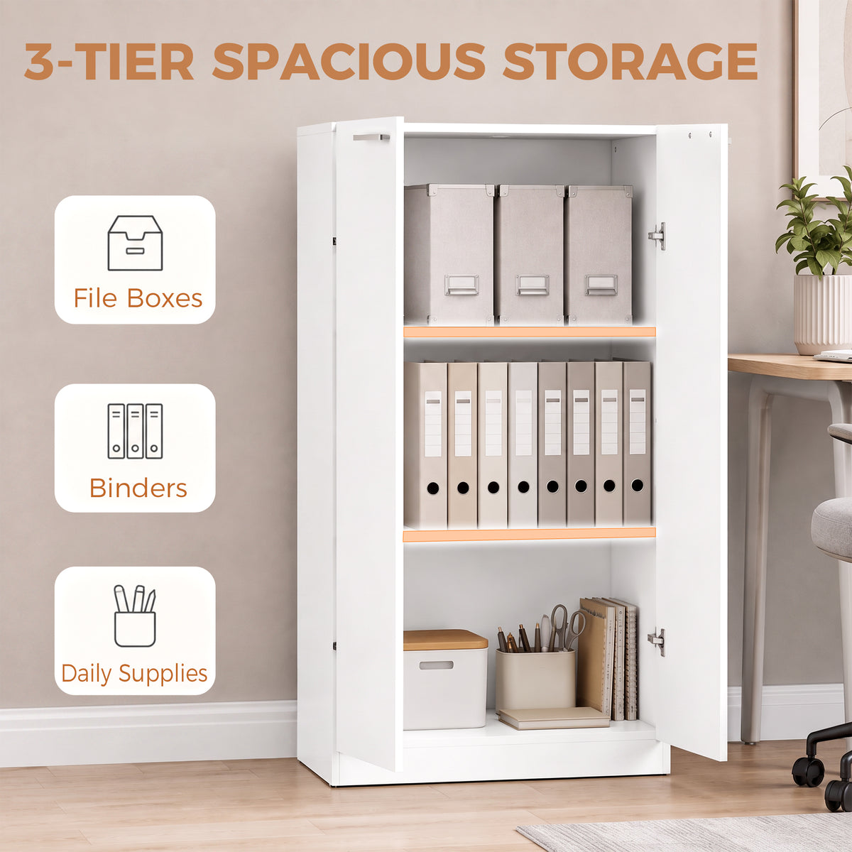 HOMCOM 120 cm Tall Storage Cabinet Cupboard, 3-Tier File Organiser Wooden Filing Cabinet, White