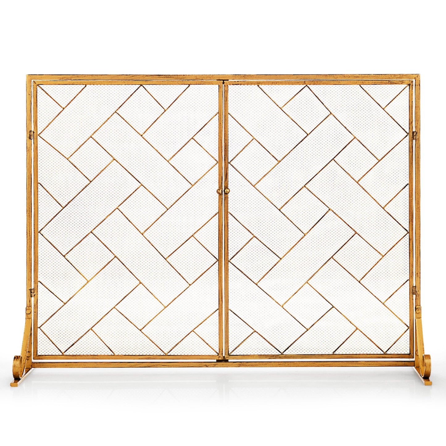 2-Panel Mesh Fireplace Screen with Double Magnetic Doors-Golden