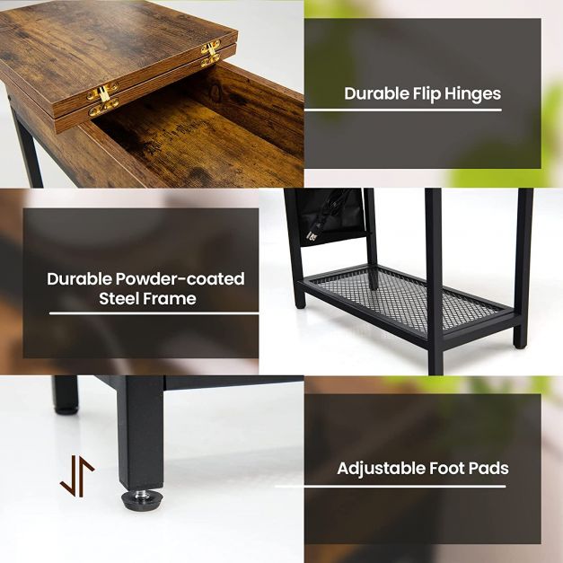 Industrial Slim Sofa Side Table with Charging Station and Flip Top