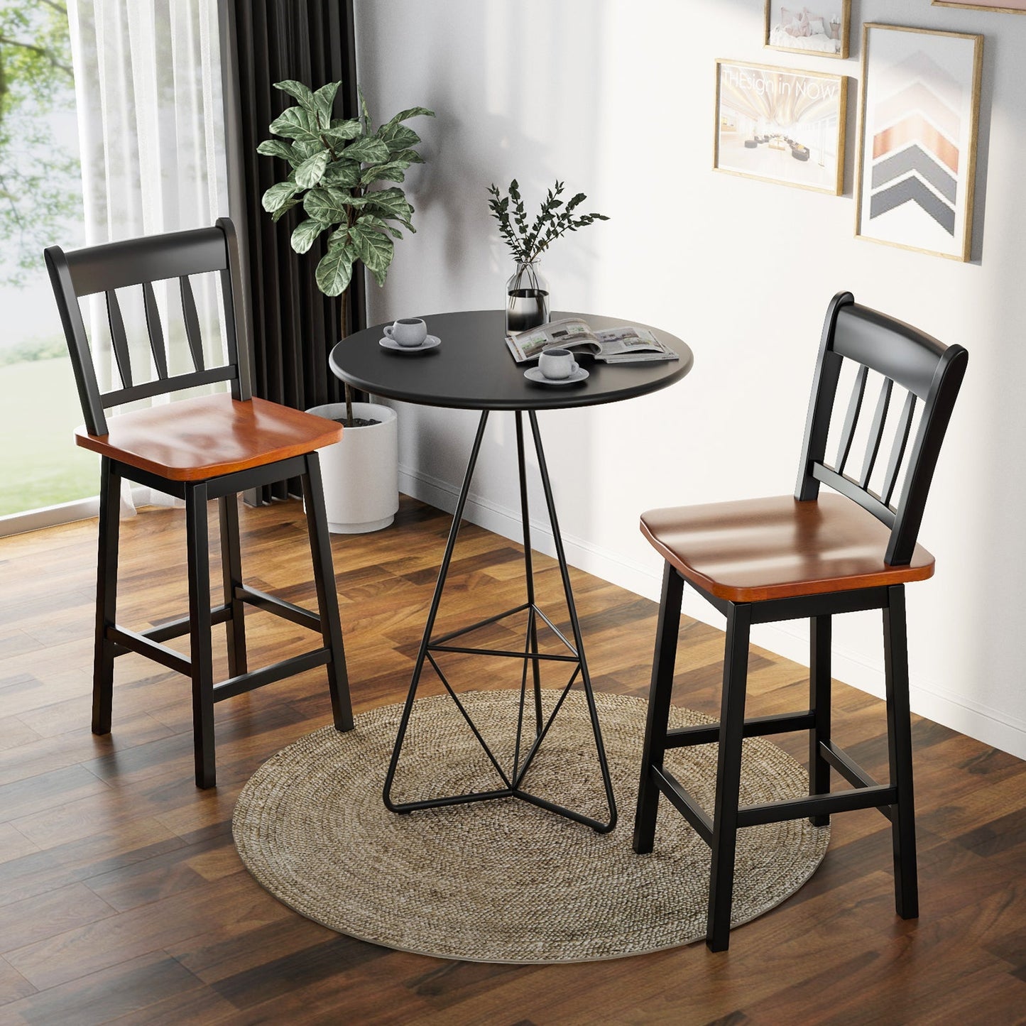 Set of 2 97cm Swivel Rubber Wood Bar Stools with Backrest and Footrest-Black
