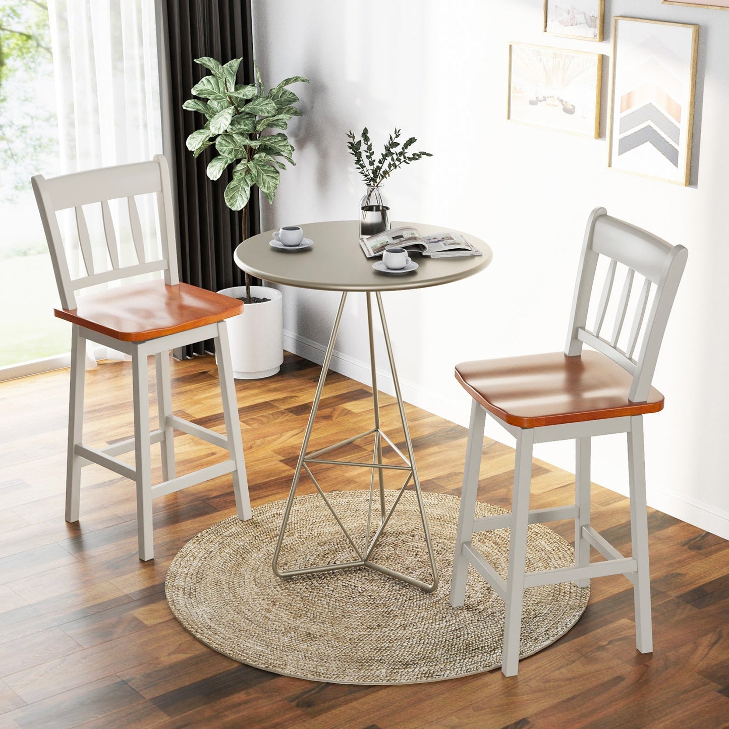 Set of 2 97cm Swivel Rubber Wood Bar Stools with Backrest and Footrest-White