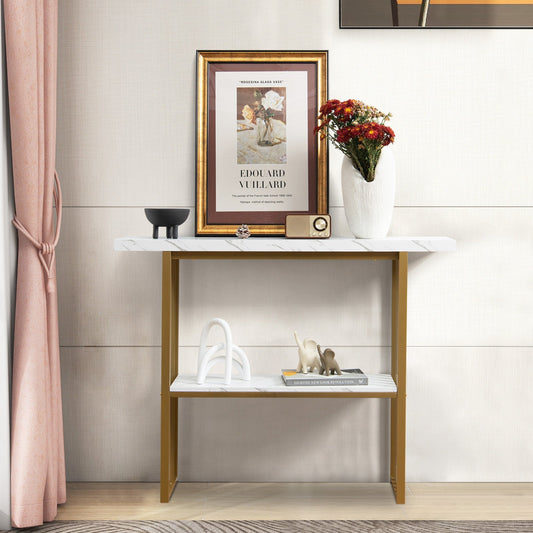 2-Tier Faux Marble Console Table for Entryway Living Room Bedroom-White & Golden