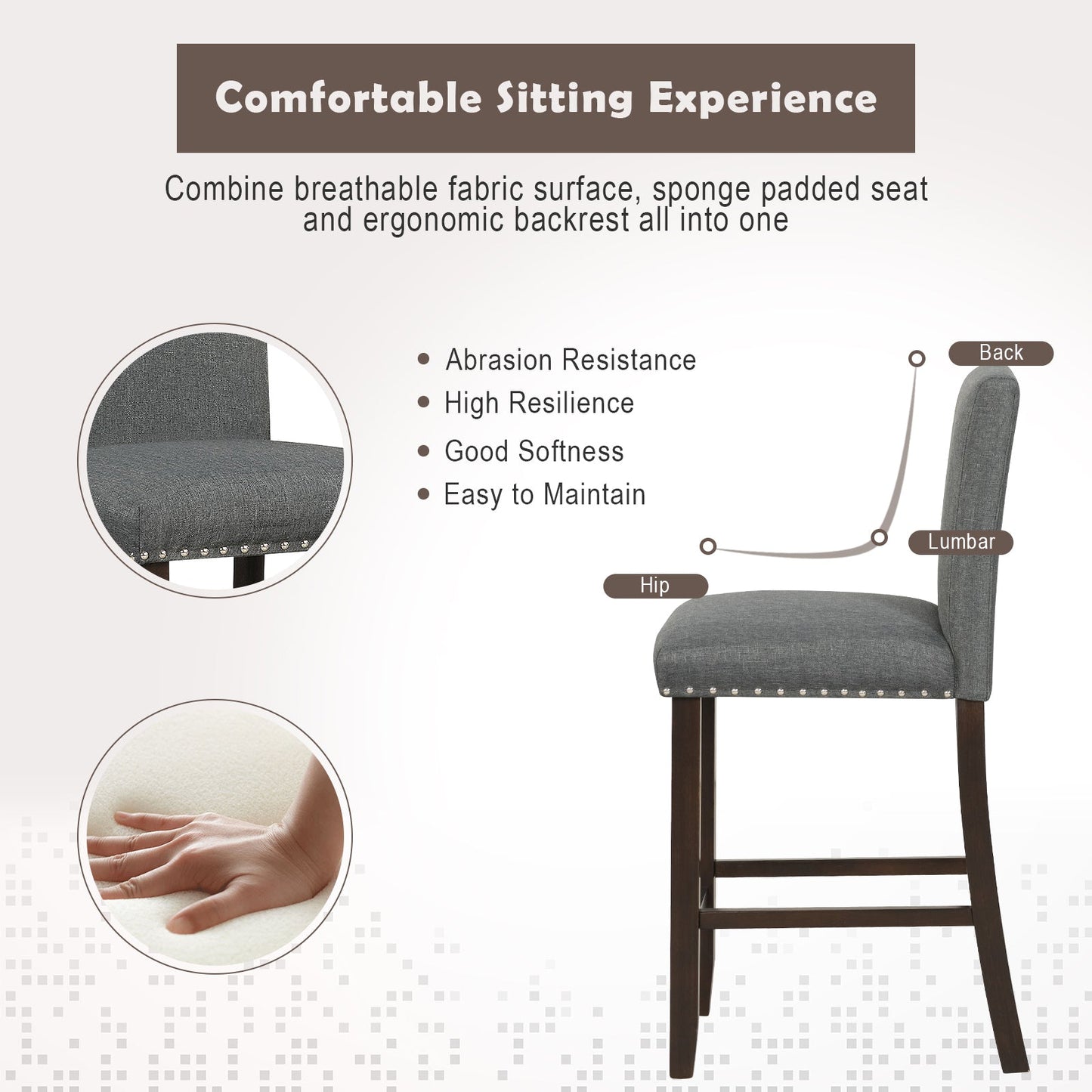 Upholstered Bar Stool Set of 2 for Dining Room Kitchen Restaurant-Grey