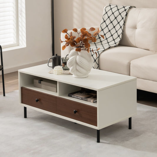 Rectangle Sofa Tea Table with Sturdy Metal Legs for Home Office-White