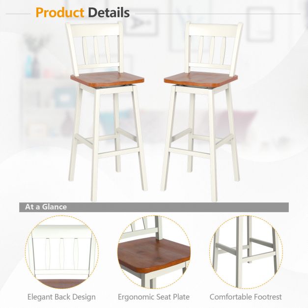 Set of 2 Rubber Wood Swivel Bar Stools with Backrest and Footrest-Cream