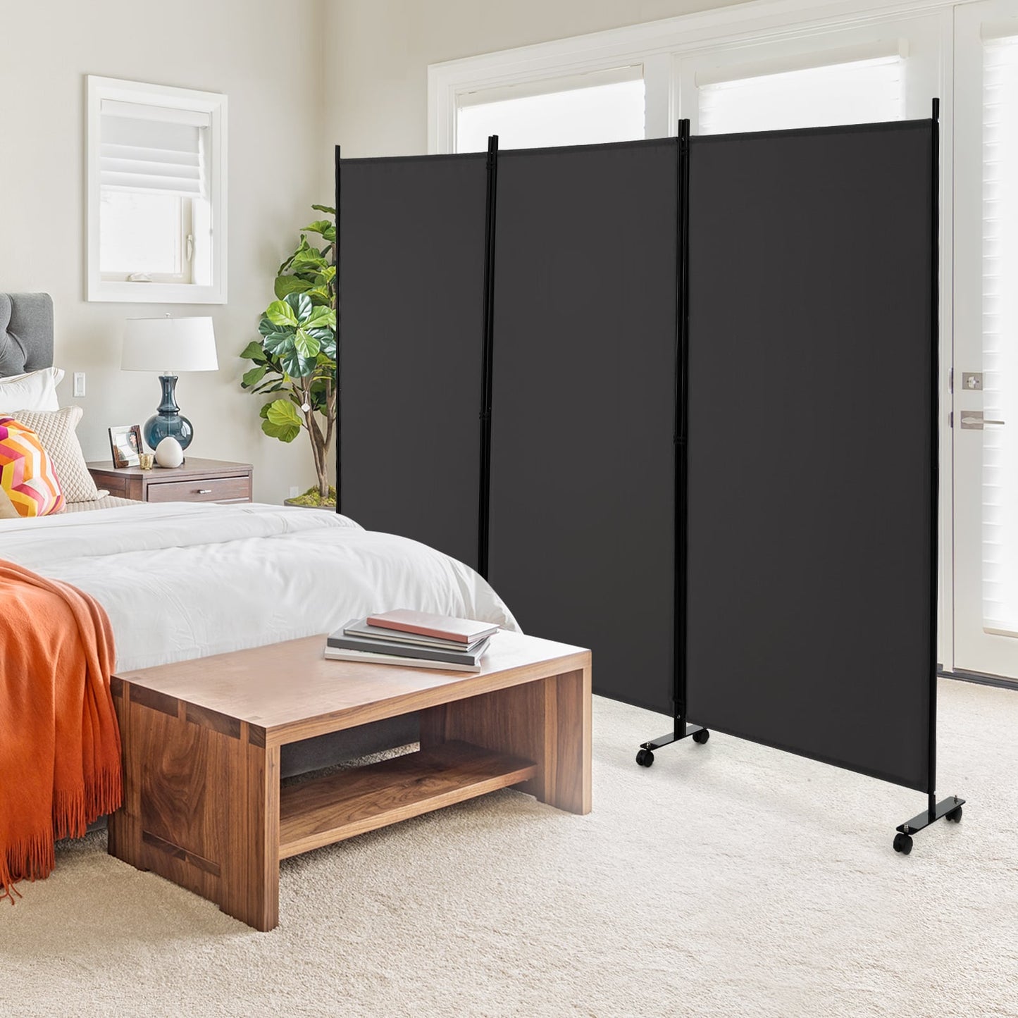 3-Panel Folding Room Divider with Wheels for Living Room Bedroom-Grey