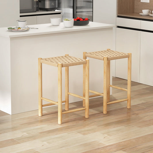 Dining Stool Set of 2 with Rubber Wood Frame and Woven Paper Seat-36 x 36 x 65cm