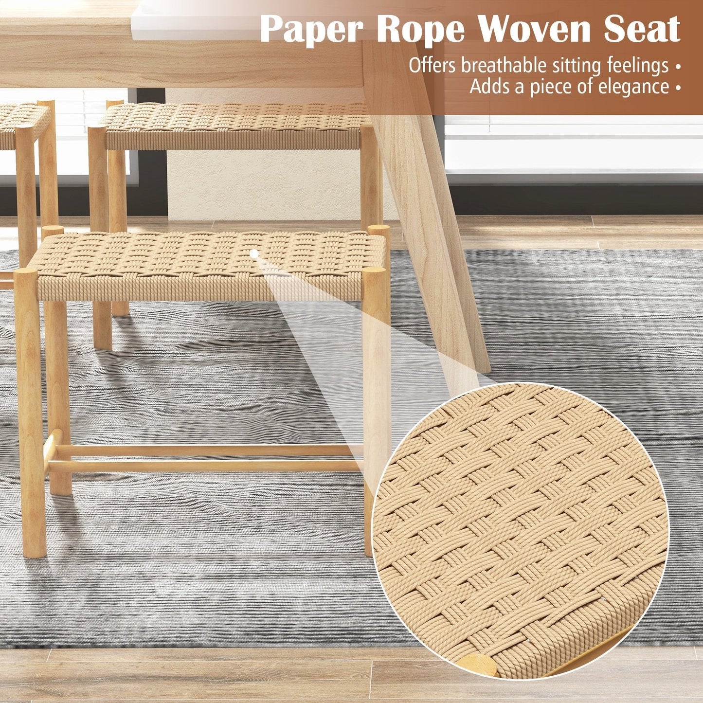 Dining Stool Set of 2 with Rubber Wood Frame and Woven Paper Seat-56 x 36 x 45cm