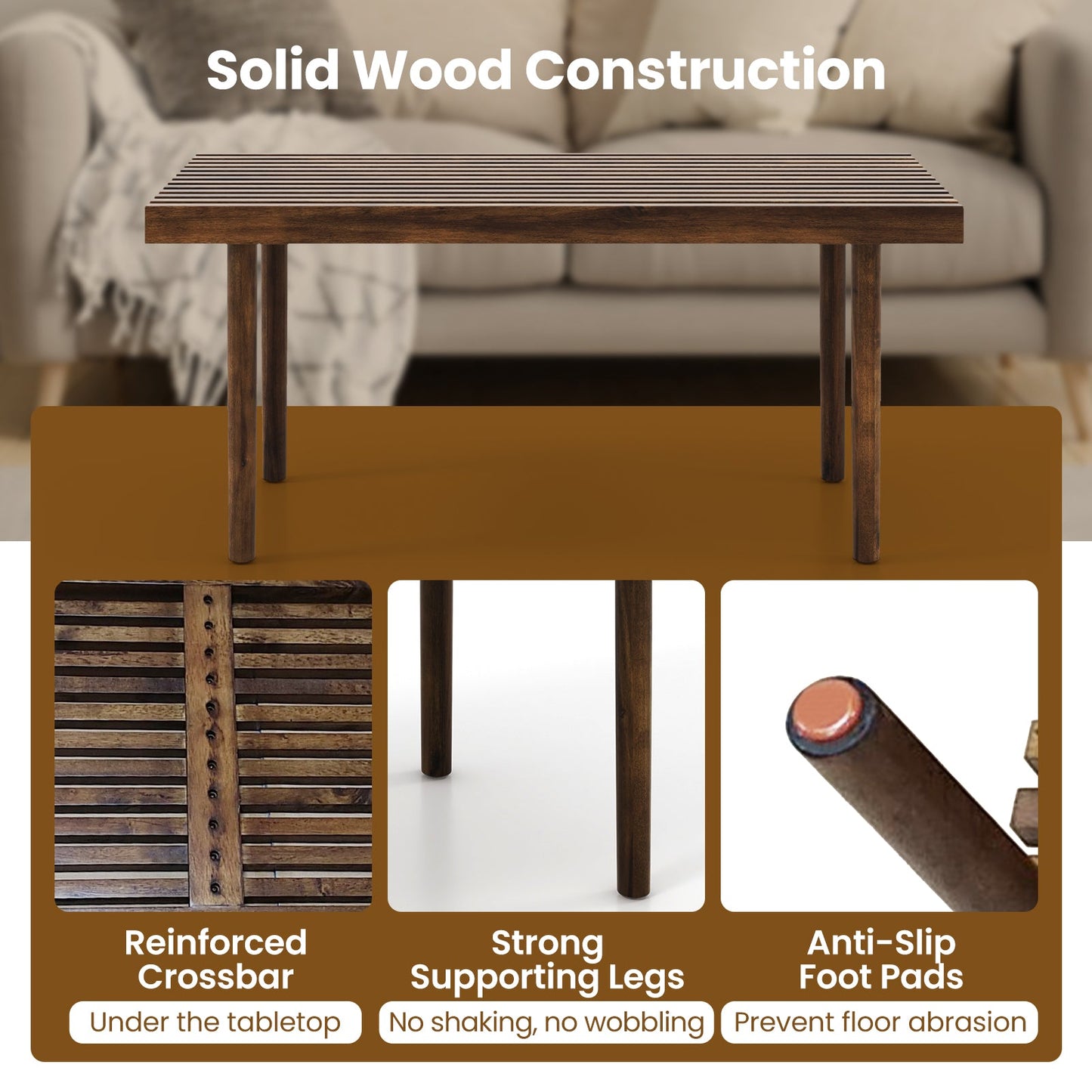 Rubber Wood Coffee Table with Slatted Tabletop