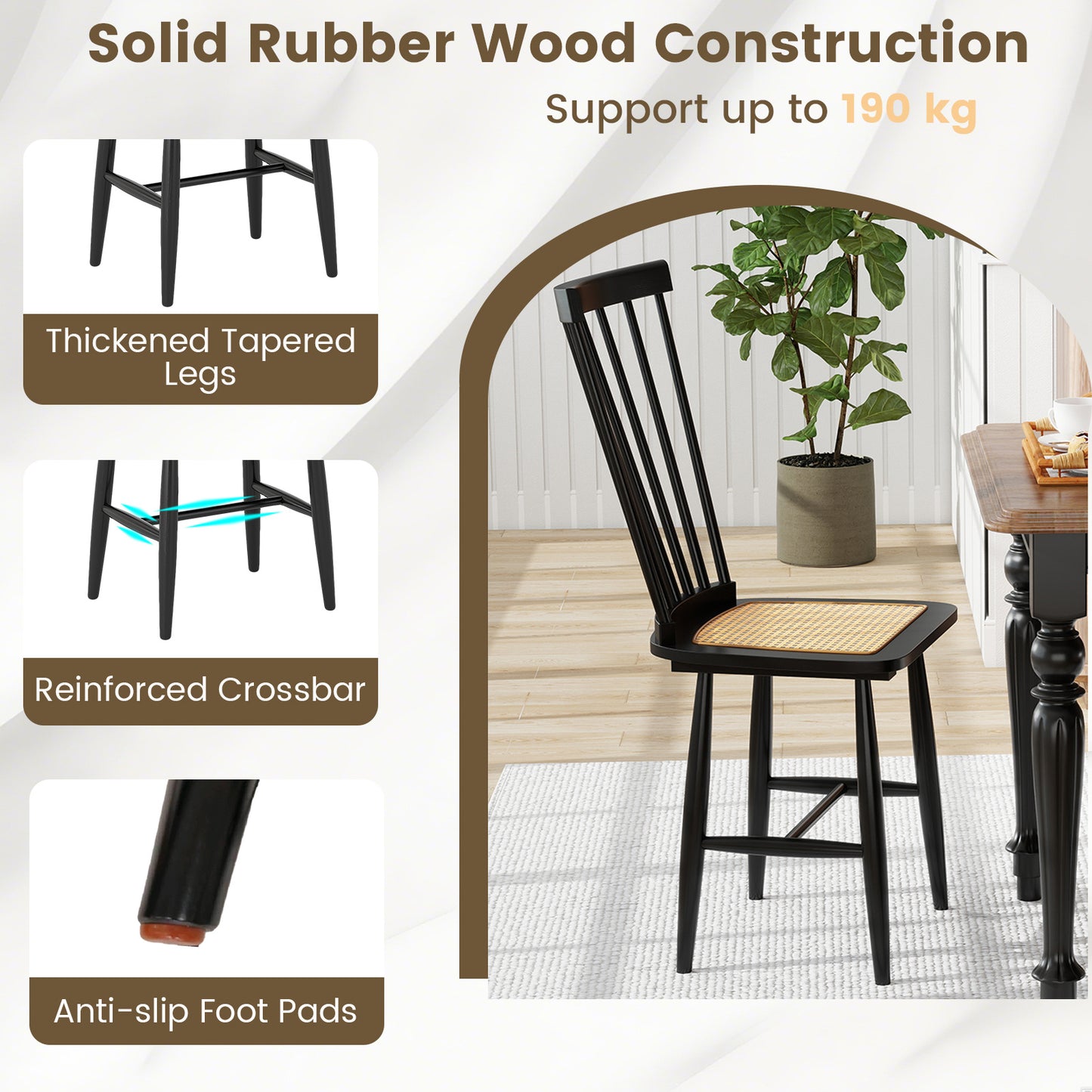 Windsor Dining Chair Set of 2 with Spindle Back and PE Rattan Seat for Kitchen-Black