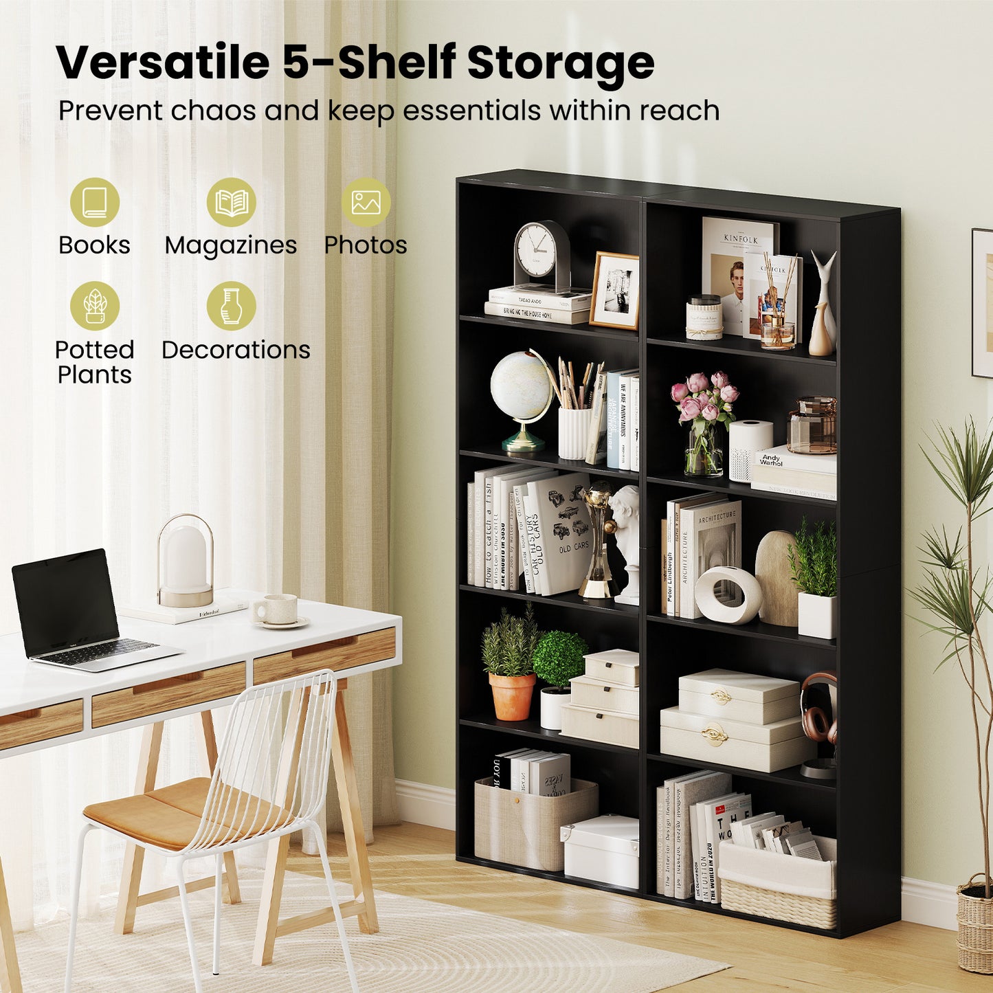 5-Tier Bookshelf with Freestanding Display Shelf and Storage Organizer for Living Room-Black