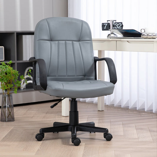 HOMCOM Office Chair, PU Leather Computer Desk Chair with Adjustable Height, Swivel Wheels for Home Office Work Study, Grey
