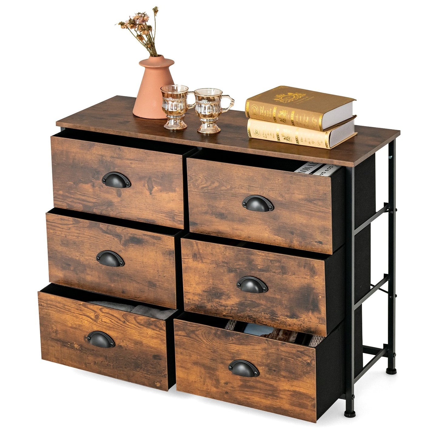 Dresser with 6 Foldable Fabric Drawers Living Room Bedroom-Rustic Brown